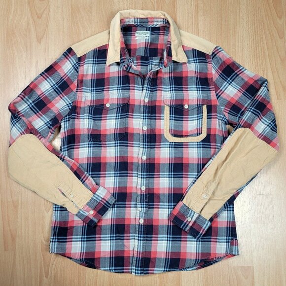AllSaints Spitalfields Corduroy Patch‎ Shirt Men’s Size Medium Plaid Button Long - Picture 2 of 9